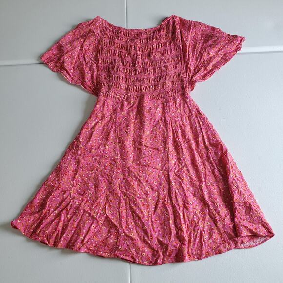 Free People Dress Womens Small Pink Floral Boho Lace Up Back Mini Ruffle Whimsy - Picture 1 of 11